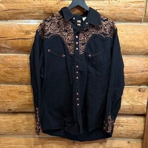 Scully XL Black Western Shirt with Brown Embroidery